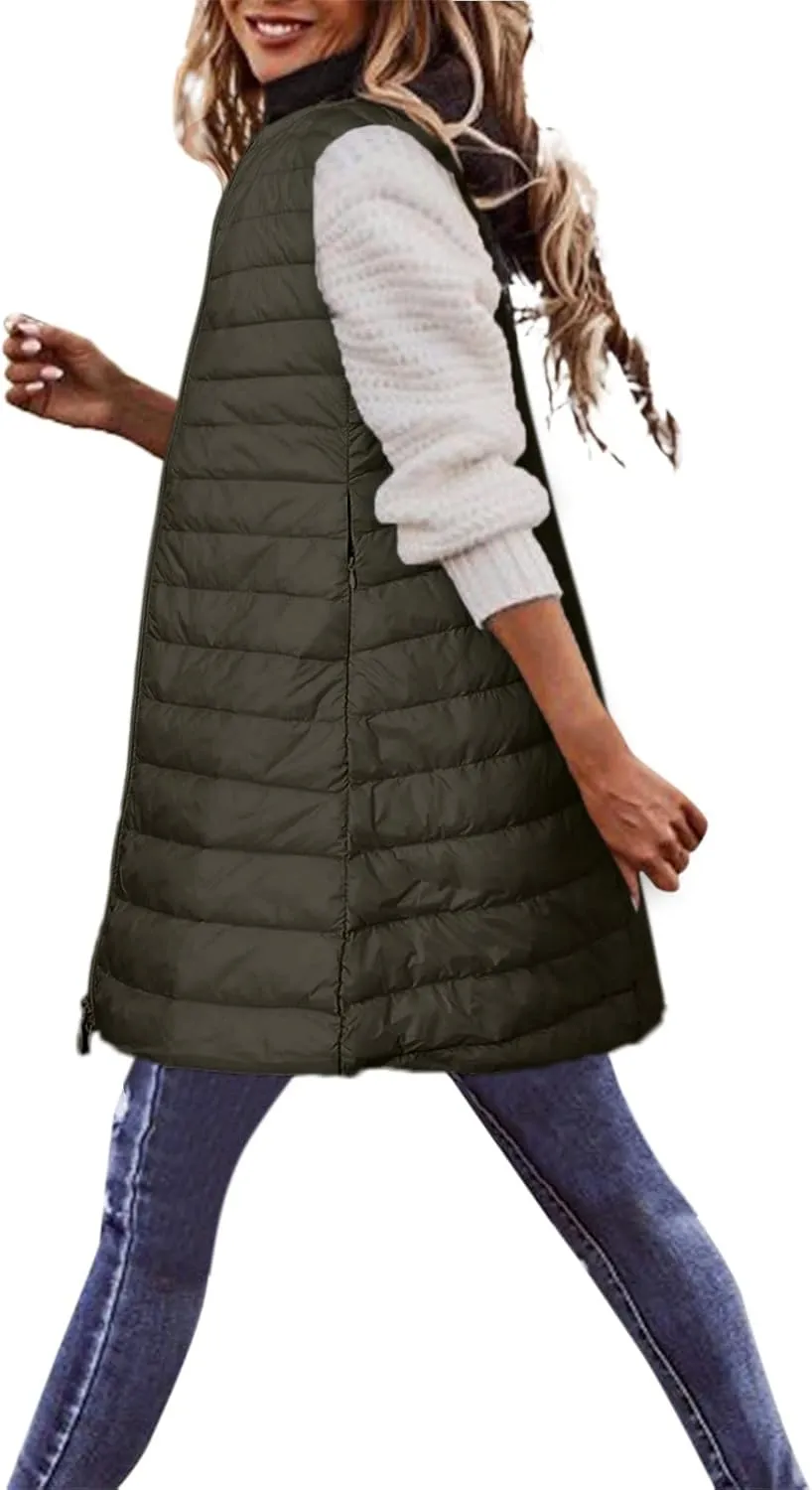 LCMTWX Puffer Jacket Womens European and American Cotton Jackets Color Stand-up Collar Zipper Women's Long Puffer Vest