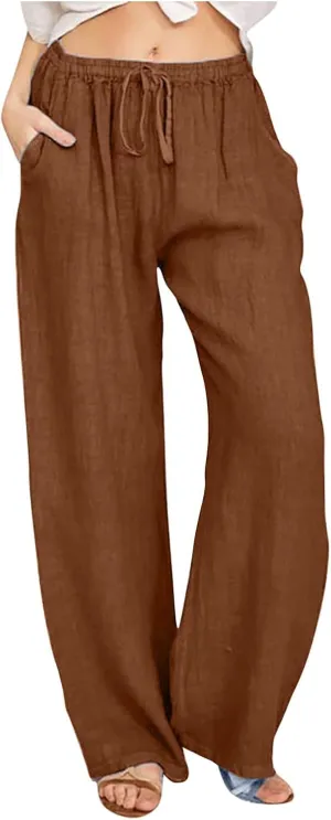 LEMONONSTORE Women Linen Pants Casual Wide Leg Pants Summer Palazzo Pants Loose Flowy Beach Pants Drawstring Elastic Trousers