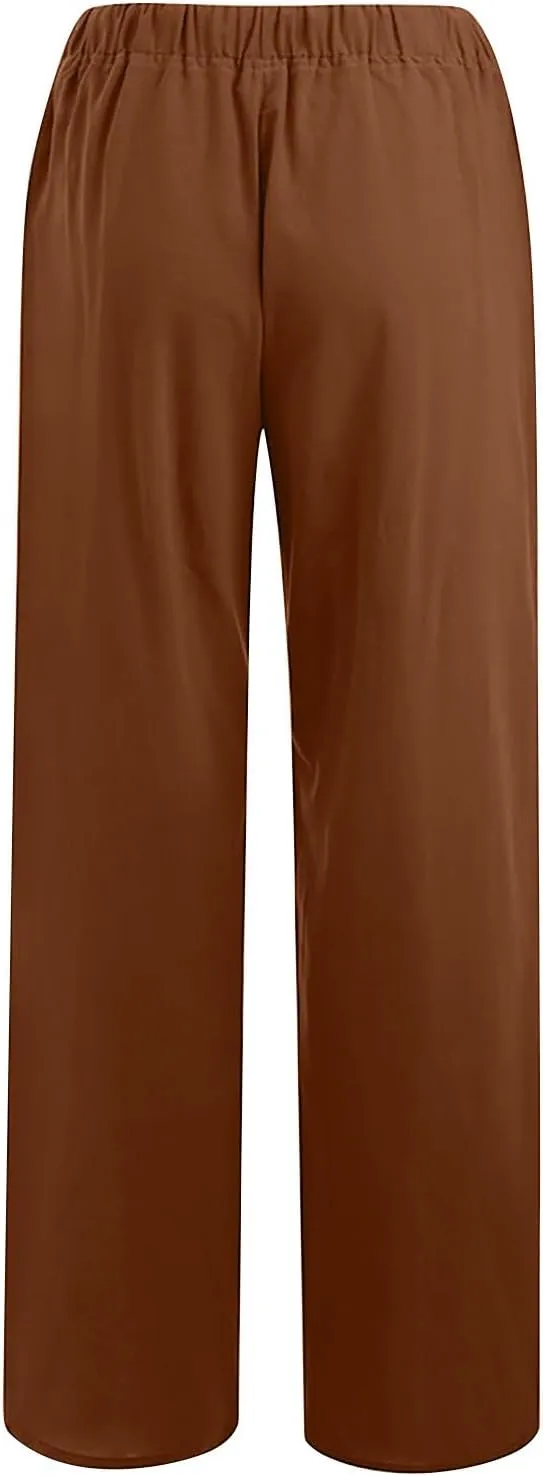 LEMONONSTORE Women Linen Pants Casual Wide Leg Pants Summer Palazzo Pants Loose Flowy Beach Pants Drawstring Elastic Trousers