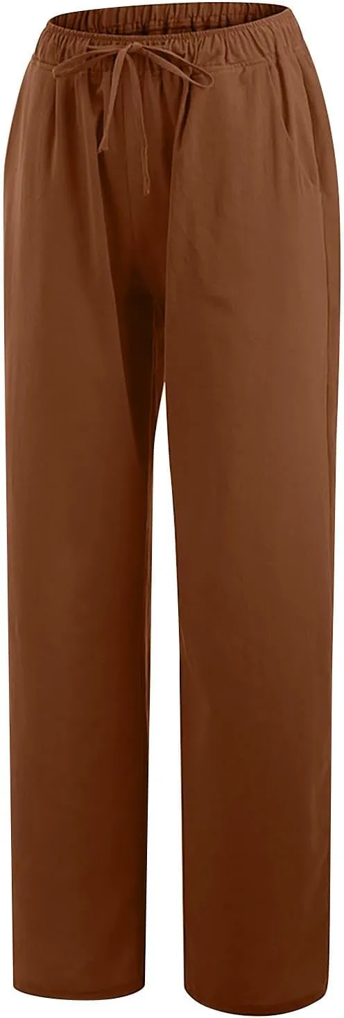 LEMONONSTORE Women Linen Pants Casual Wide Leg Pants Summer Palazzo Pants Loose Flowy Beach Pants Drawstring Elastic Trousers