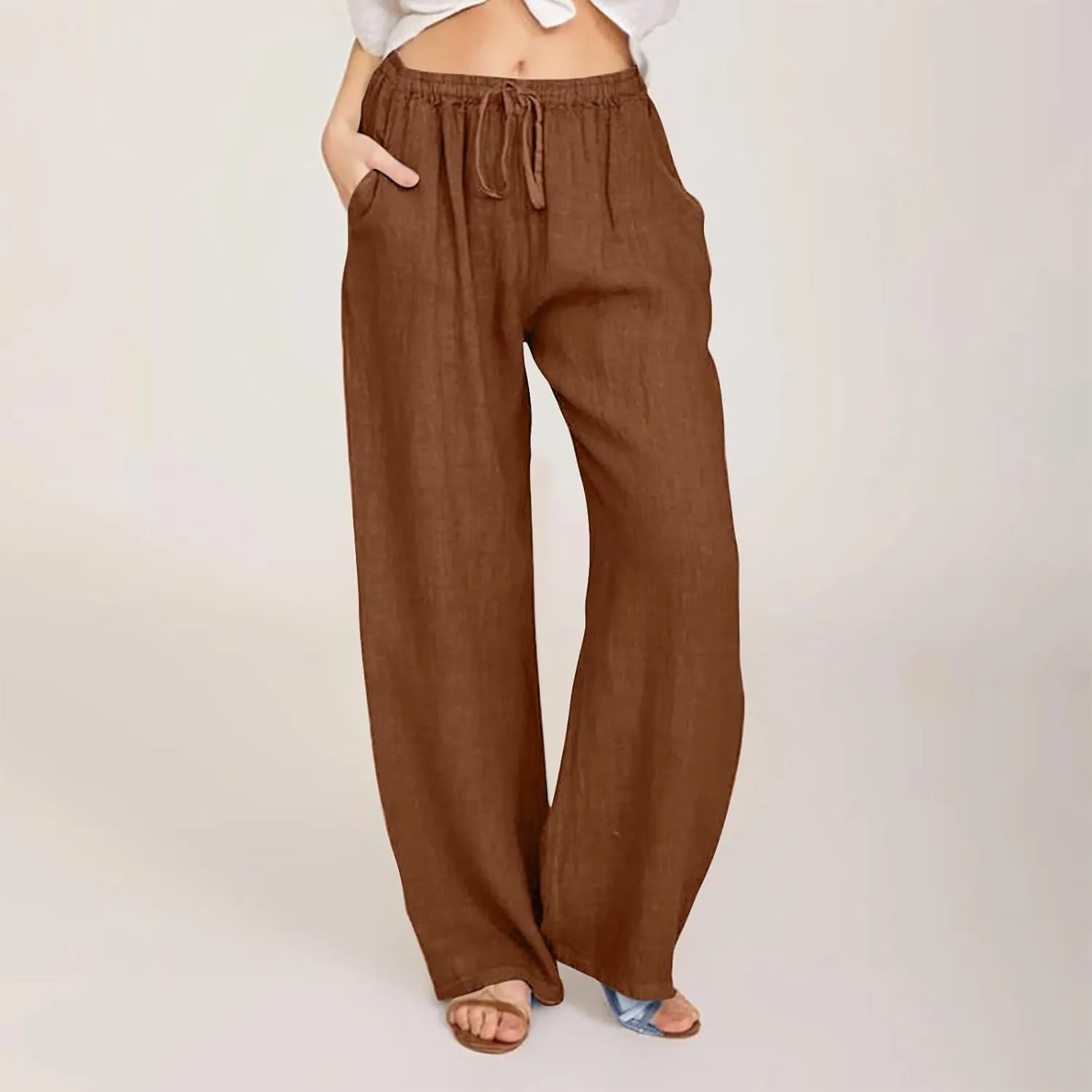 LEMONONSTORE Women Linen Pants Casual Wide Leg Pants Summer Palazzo Pants Loose Flowy Beach Pants Drawstring Elastic Trousers