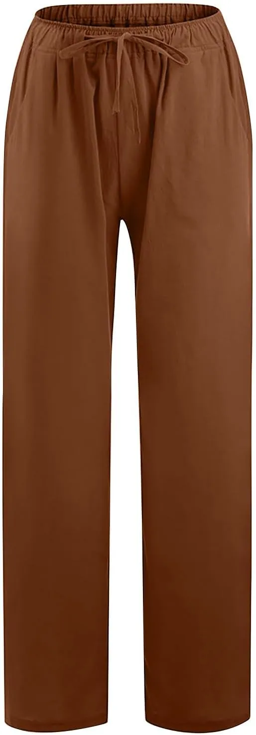 LEMONONSTORE Women Linen Pants Casual Wide Leg Pants Summer Palazzo Pants Loose Flowy Beach Pants Drawstring Elastic Trousers