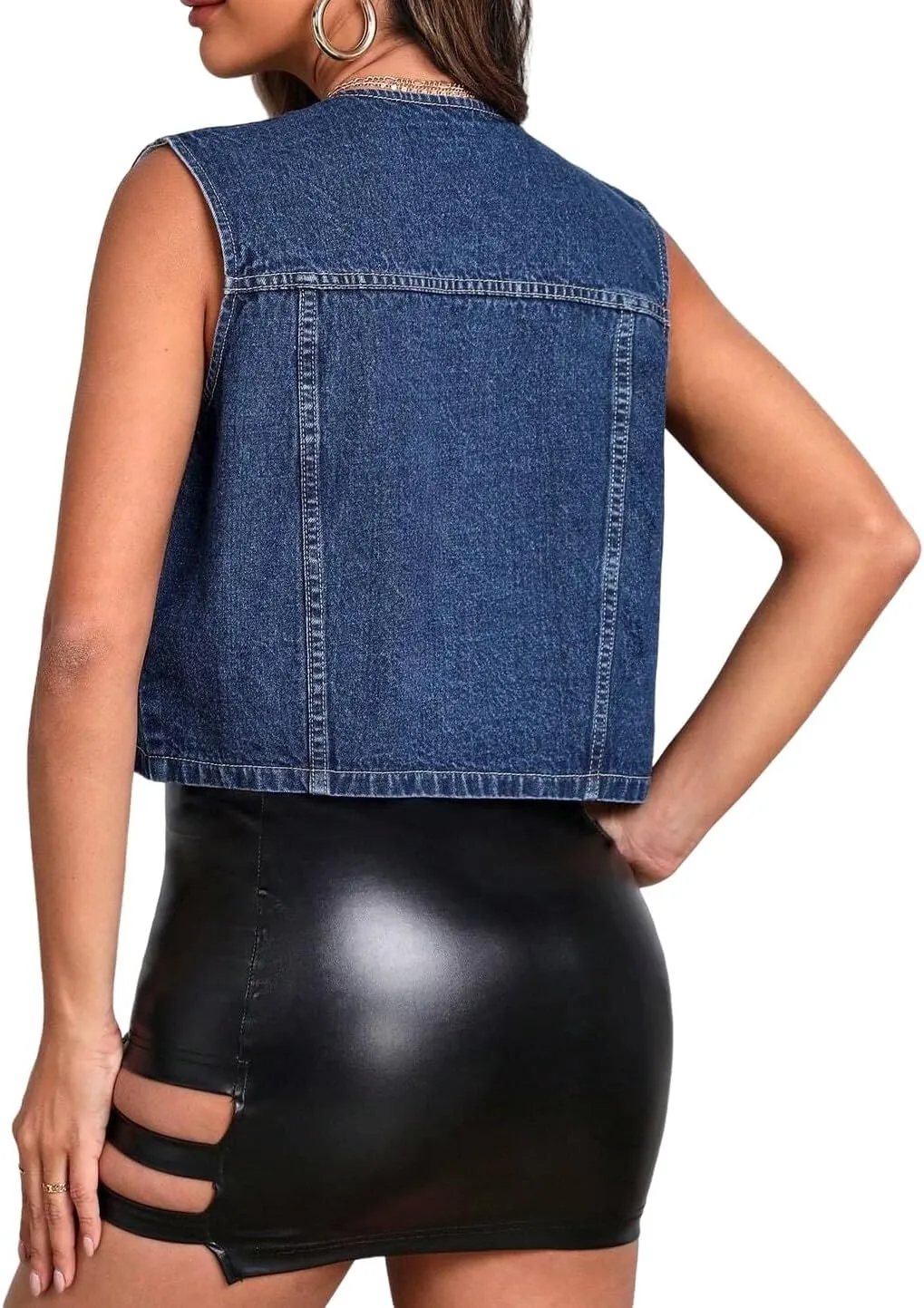 LifeShe Women's Cropped Denim Vest Top Casual V Neck Button Down Sleeveless Jean Jacket Waistcoat