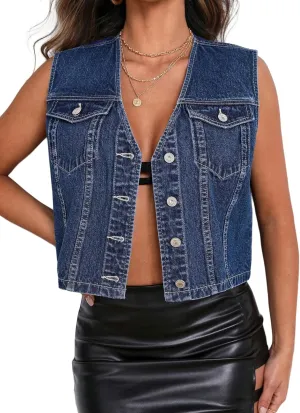 LifeShe Women's Cropped Denim Vest Top Casual V Neck Button Down Sleeveless Jean Jacket Waistcoat