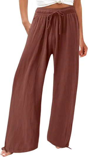 Linen Pants for Women Summer High Waisted Wide Leg Pants Casual Elastic Waist Palazzo Pants Boho Beach Pants