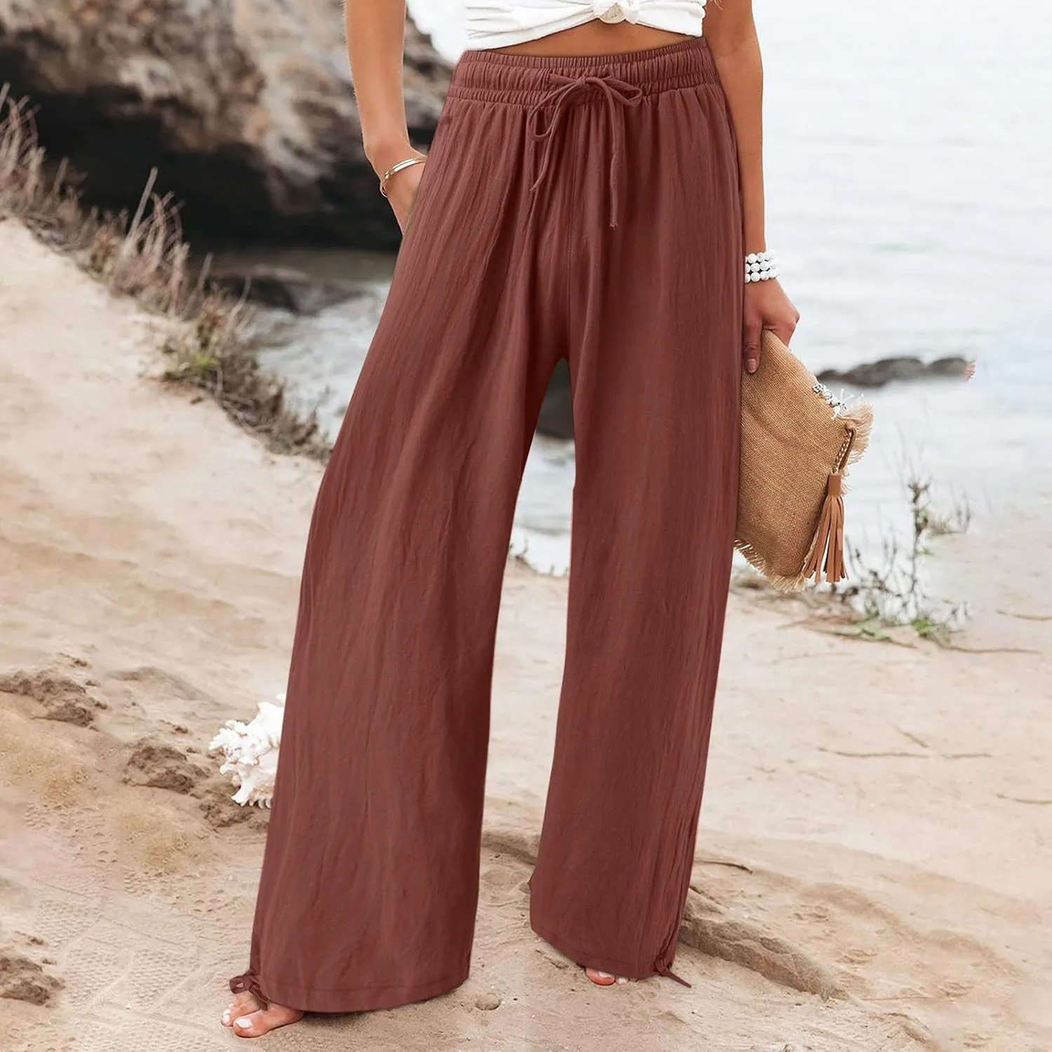 Linen Pants for Women Summer High Waisted Wide Leg Pants Casual Elastic Waist Palazzo Pants Boho Beach Pants