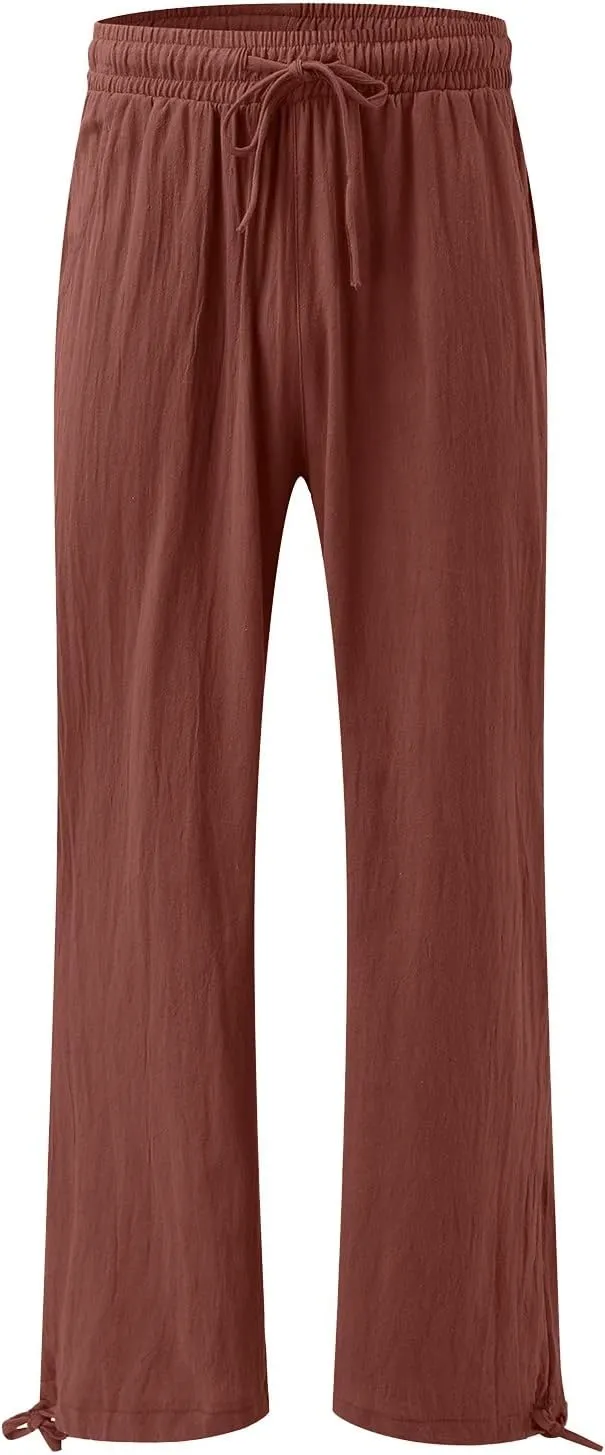 Linen Pants for Women Summer High Waisted Wide Leg Pants Casual Elastic Waist Palazzo Pants Boho Beach Pants