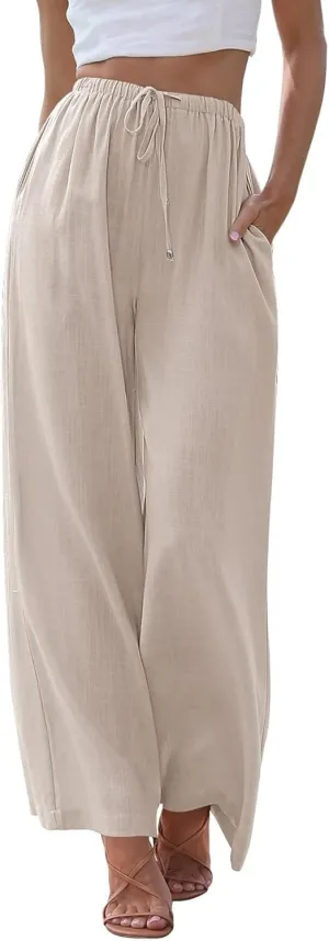 Linen Pants Women Casual Wide Leg Pants Flowy Palazzo Pants Drawstring Waisted Pants with Pockets Beach Trousers