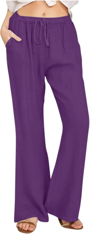 Linen Pants Women High Waisted Flare Palazzo Pants Summer Wide Leg Pants Elastic Waist Beach Pants Lounge Trousers