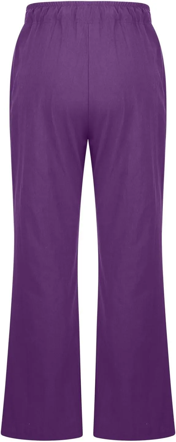 Linen Pants Women High Waisted Flare Palazzo Pants Summer Wide Leg Pants Elastic Waist Beach Pants Lounge Trousers