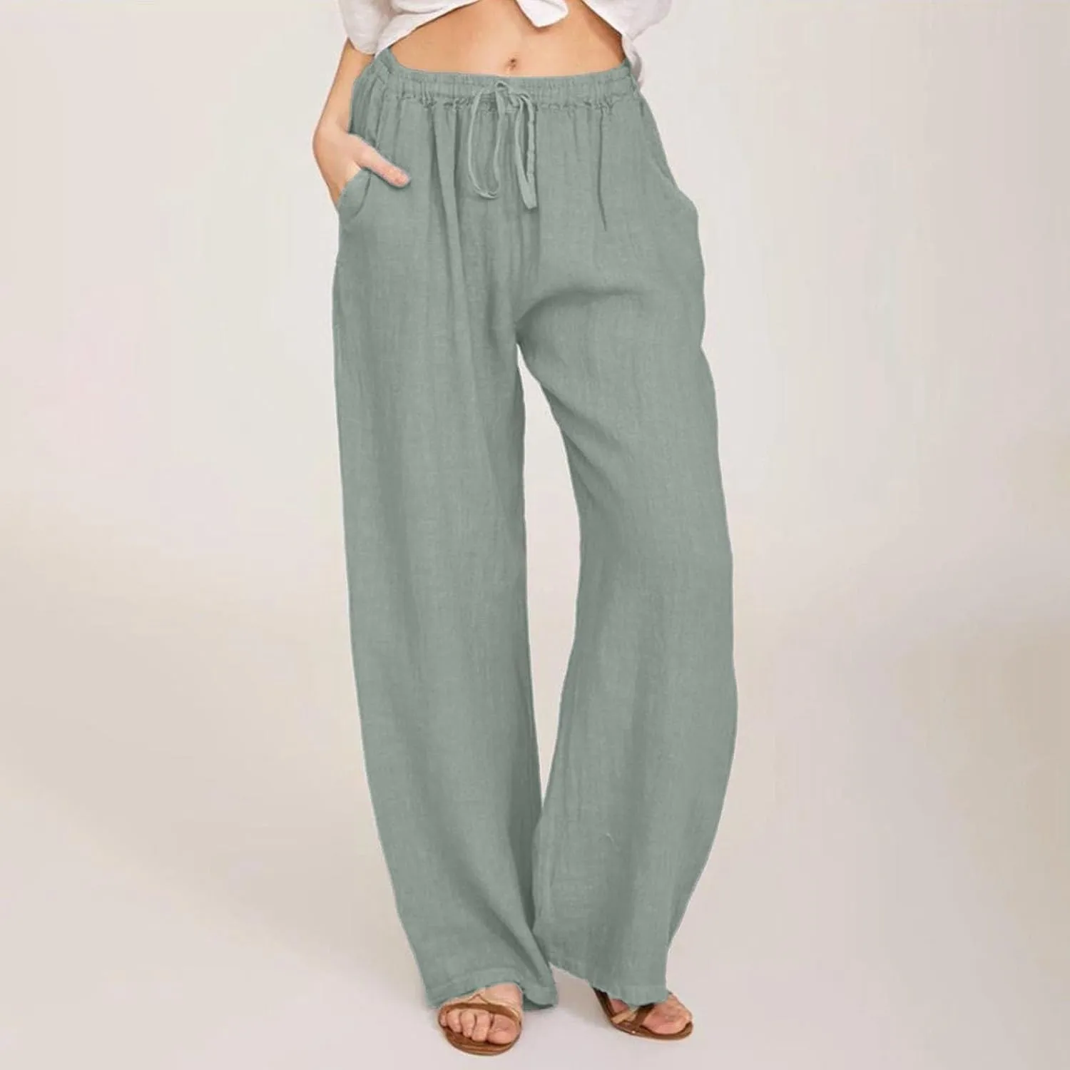 Linen Pants Women Summer Drawstring Waist Wide Leg Pants Loose Cotton Linen Palazzo Pants Casual Beach Long Pants