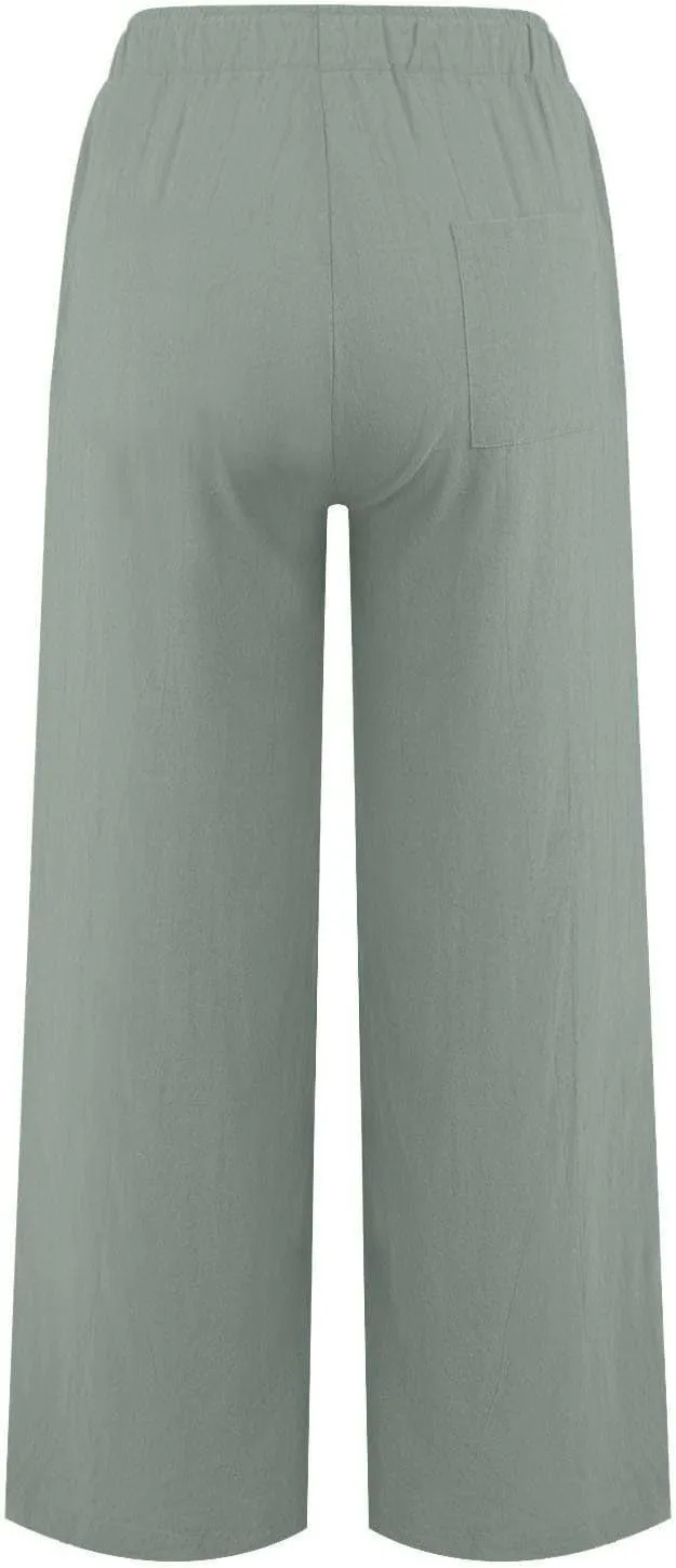 Linen Pants Women Summer Drawstring Waist Wide Leg Pants Loose Cotton Linen Palazzo Pants Casual Beach Long Pants