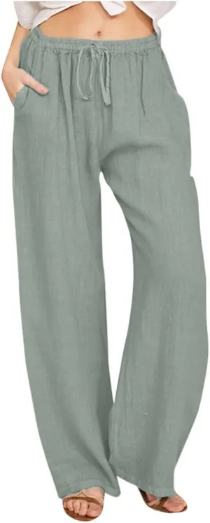 Linen Pants Women Summer Drawstring Waist Wide Leg Pants Loose Cotton Linen Palazzo Pants Casual Beach Long Pants