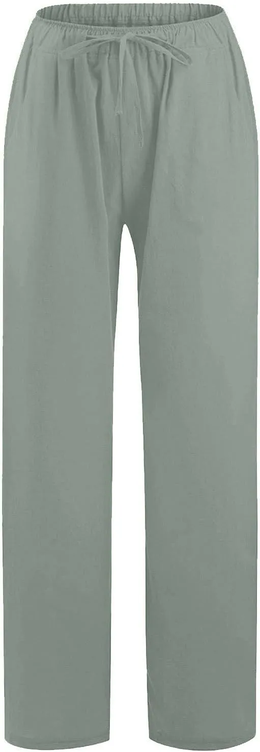 Linen Pants Women Summer Drawstring Waist Wide Leg Pants Loose Cotton Linen Palazzo Pants Casual Beach Long Pants