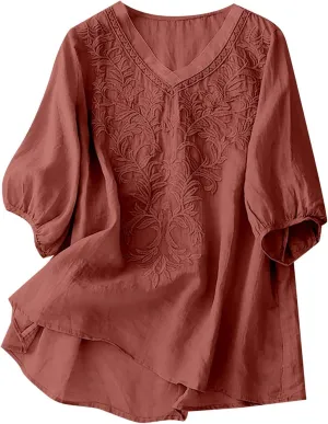Linen Shirts for Women Crewneck Retro Blouses Floral Print 2025 Summer Tshirt Long Sleeve Loose Fit Shirt