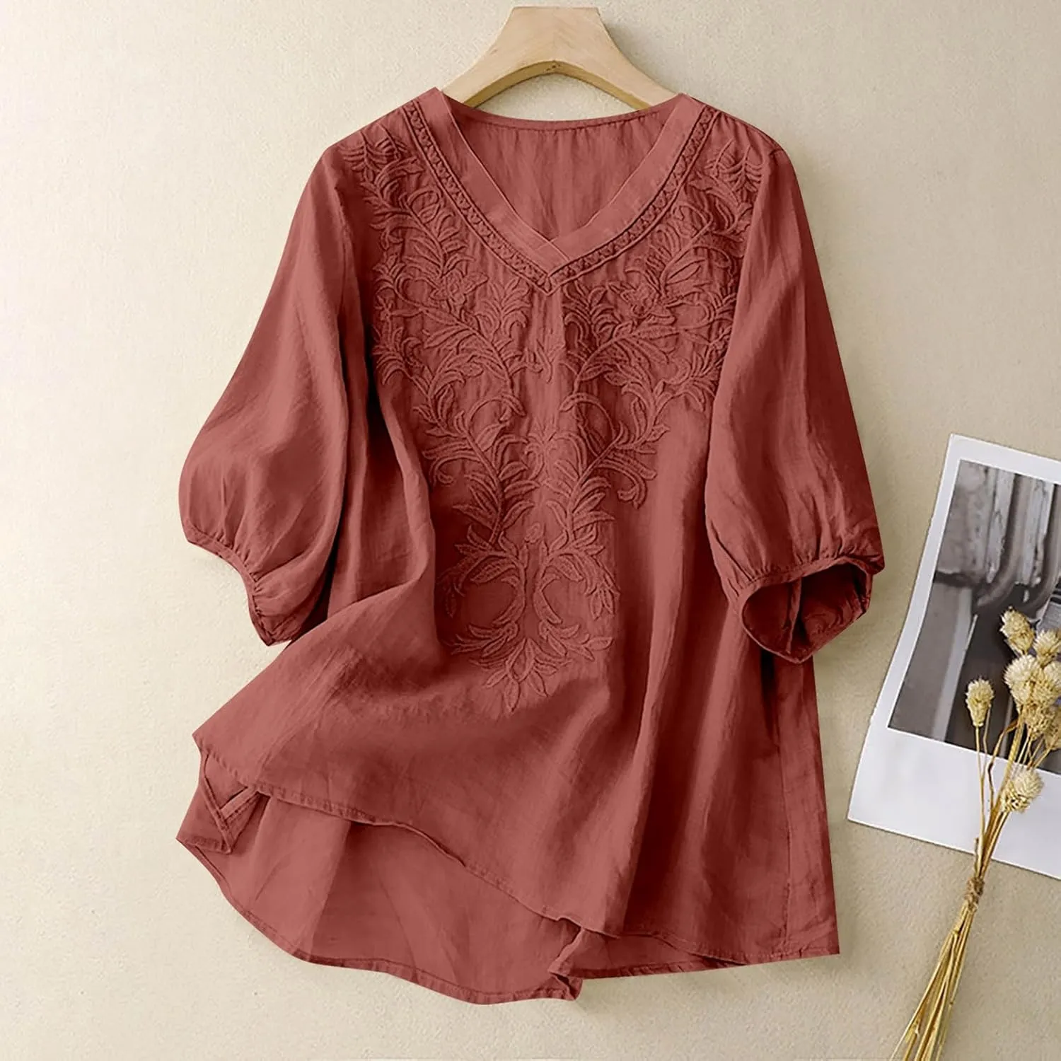 Linen Shirts for Women Crewneck Retro Blouses Floral Print 2025 Summer Tshirt Long Sleeve Loose Fit Shirt