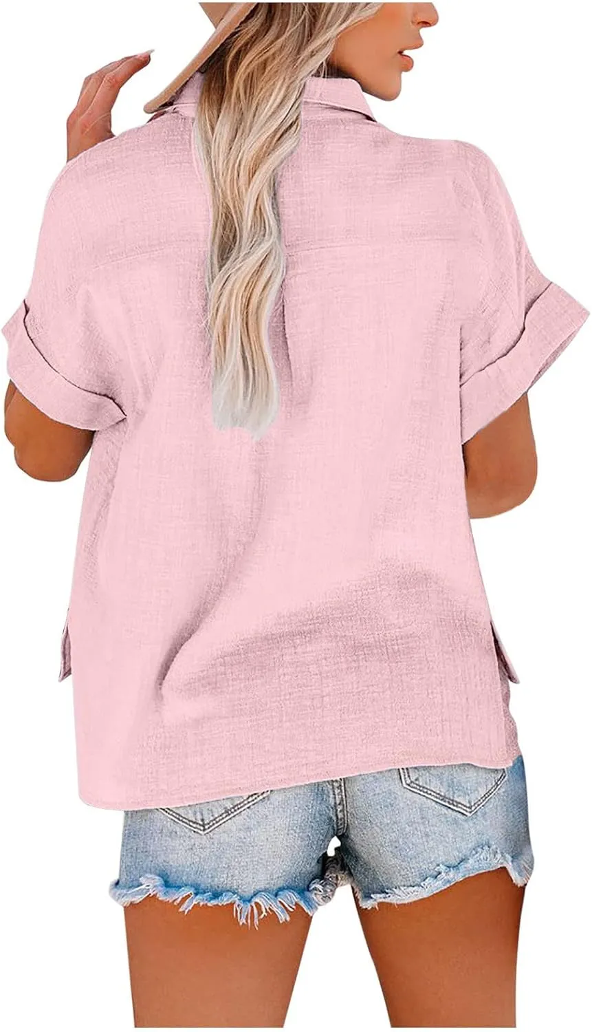 Linen Shirts for Women Loose Fit Casual Summer 2023 Roll Up Shorts Sleeve Button Down Tops Work Office Business Blouses