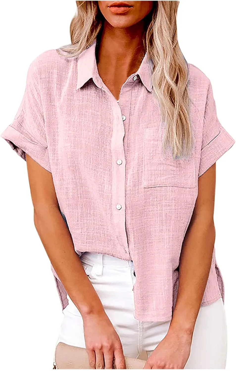 Linen Shirts for Women Loose Fit Casual Summer 2023 Roll Up Shorts Sleeve Button Down Tops Work Office Business Blouses