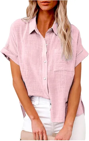 Linen Shirts for Women Loose Fit Casual Summer 2023 Roll Up Shorts Sleeve Button Down Tops Work Office Business Blouses