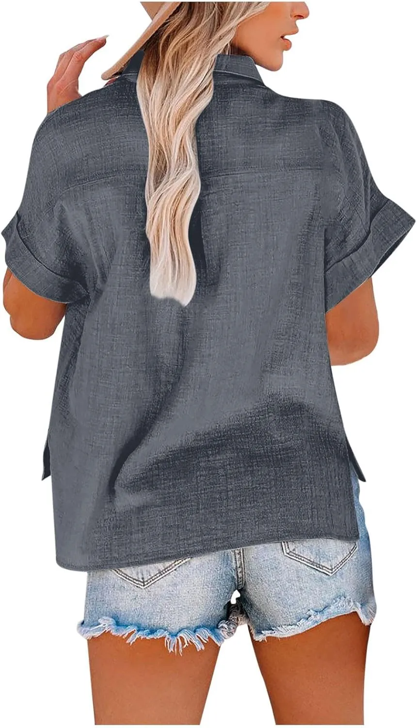 Linen Shirts for Women Trendy V Neck Loose Tee Casual Solid Color Tops With Pocket Lapel Blouses Short Sleeve Outfits