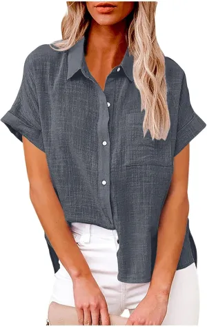 Linen Shirts for Women Trendy V Neck Loose Tee Casual Solid Color Tops With Pocket Lapel Blouses Short Sleeve Outfits