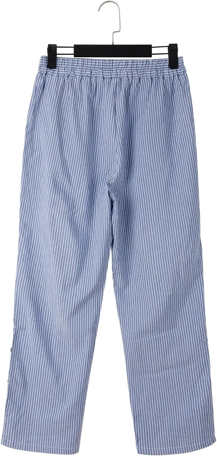Linen Striped Pants Women Plus Size High Waisted Drawstring Trousers Button Side Straight Leg Cotton Casual Pants