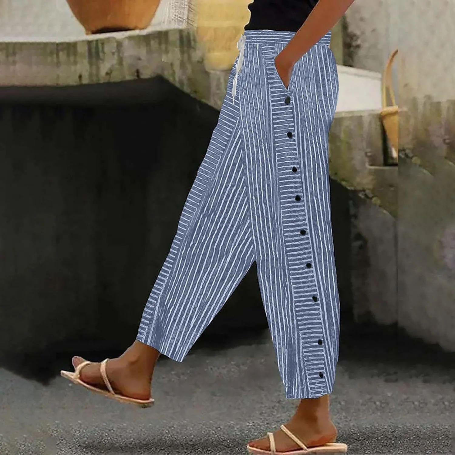 Linen Striped Pants Women Plus Size High Waisted Drawstring Trousers Button Side Straight Leg Cotton Casual Pants