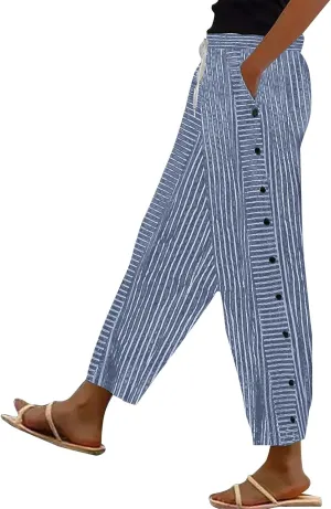 Linen Striped Pants Women Plus Size High Waisted Drawstring Trousers Button Side Straight Leg Cotton Casual Pants