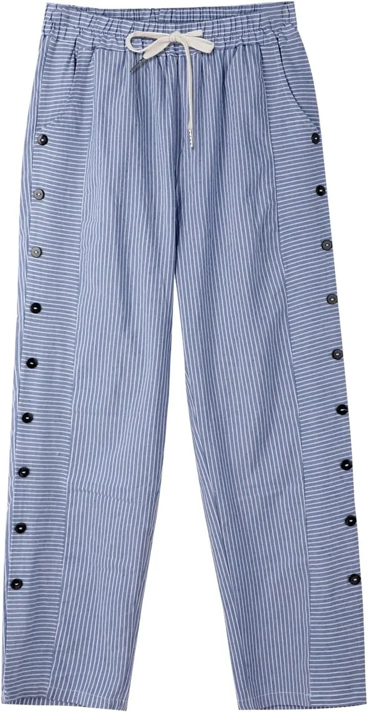 Linen Striped Pants Women Plus Size High Waisted Drawstring Trousers Button Side Straight Leg Cotton Casual Pants