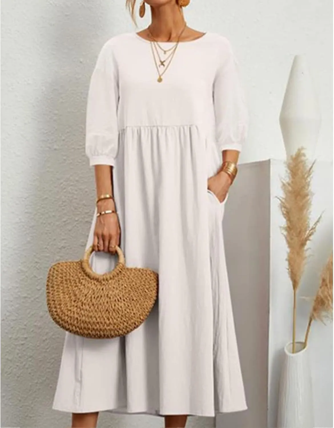 Linen Summer Dresses for Women Casual Loose Half Sleeve Dress Loose Boho Beach Vacation Sundress with Pockets