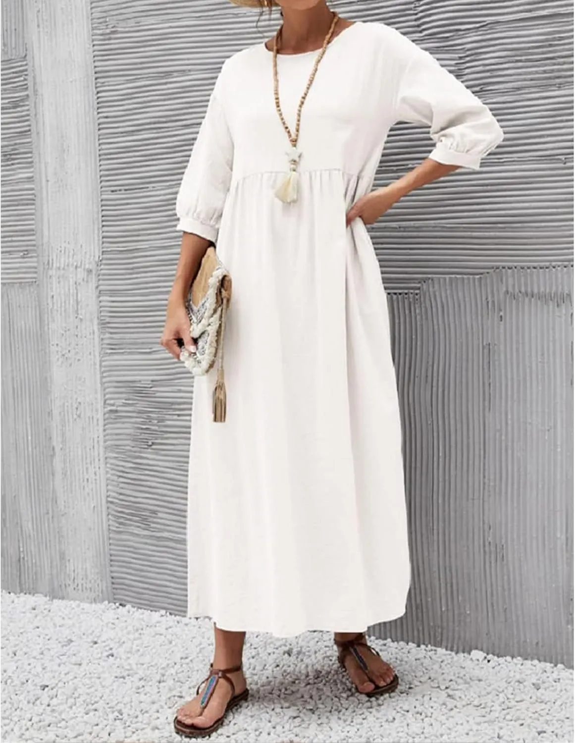 Linen Summer Dresses for Women Casual Loose Half Sleeve Dress Loose Boho Beach Vacation Sundress with Pockets