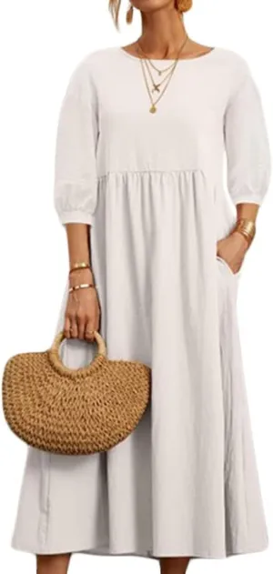 Linen Summer Dresses for Women Casual Loose Half Sleeve Dress Loose Boho Beach Vacation Sundress with Pockets