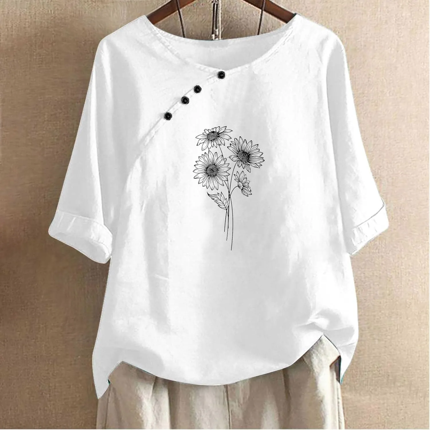 Linen Tops For Women Crewneck Button Down Floral Blouse Tops Dressy Casual Summer Oversized Tshirts 2024