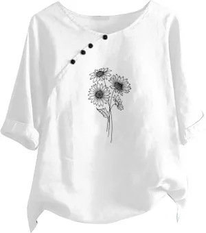 Linen Tops For Women Crewneck Button Down Floral Blouse Tops Dressy Casual Summer Oversized Tshirts 2024