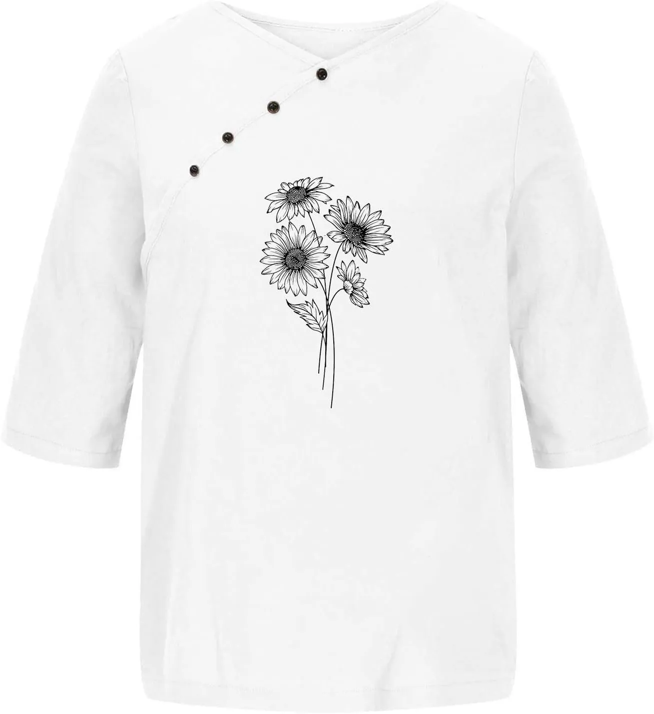 Linen Tops For Women Crewneck Button Down Floral Blouse Tops Dressy Casual Summer Oversized Tshirts 2024