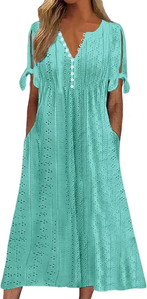 Long Maxi Long Dresses for Women 2025 Trendy Short Sleeve Eyelet Tshirt Dress Casual Summer Beach Vacation Sundresses