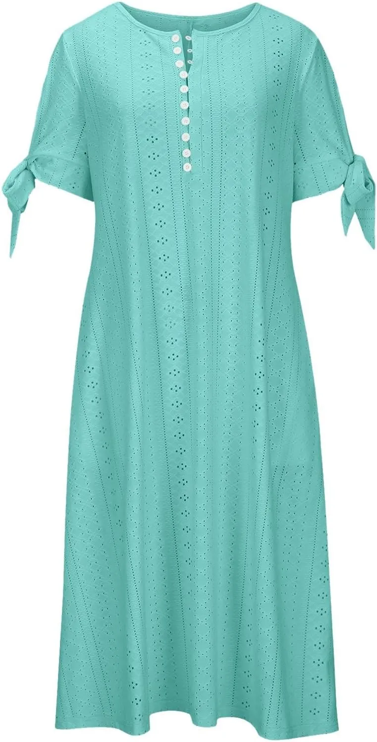 Long Maxi Long Dresses for Women 2025 Trendy Short Sleeve Eyelet Tshirt Dress Casual Summer Beach Vacation Sundresses