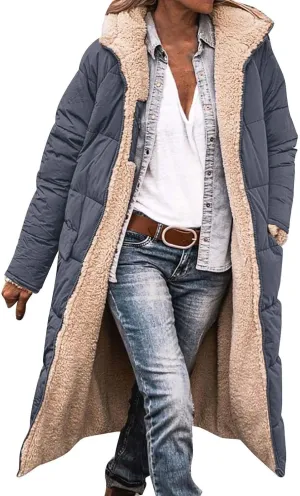 Long Puffer Coat Women Casual Reversible Fleece Jacket Coats Loose Fit Windbreaked Winter Oversized Outfits Hooded
