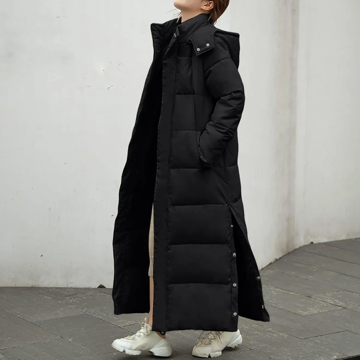 Long Puffer Jacket Womens Trendy Winter Coats Down Quilted Jacket Thicken Warm Coat Side Split Long Sleeve Jacket