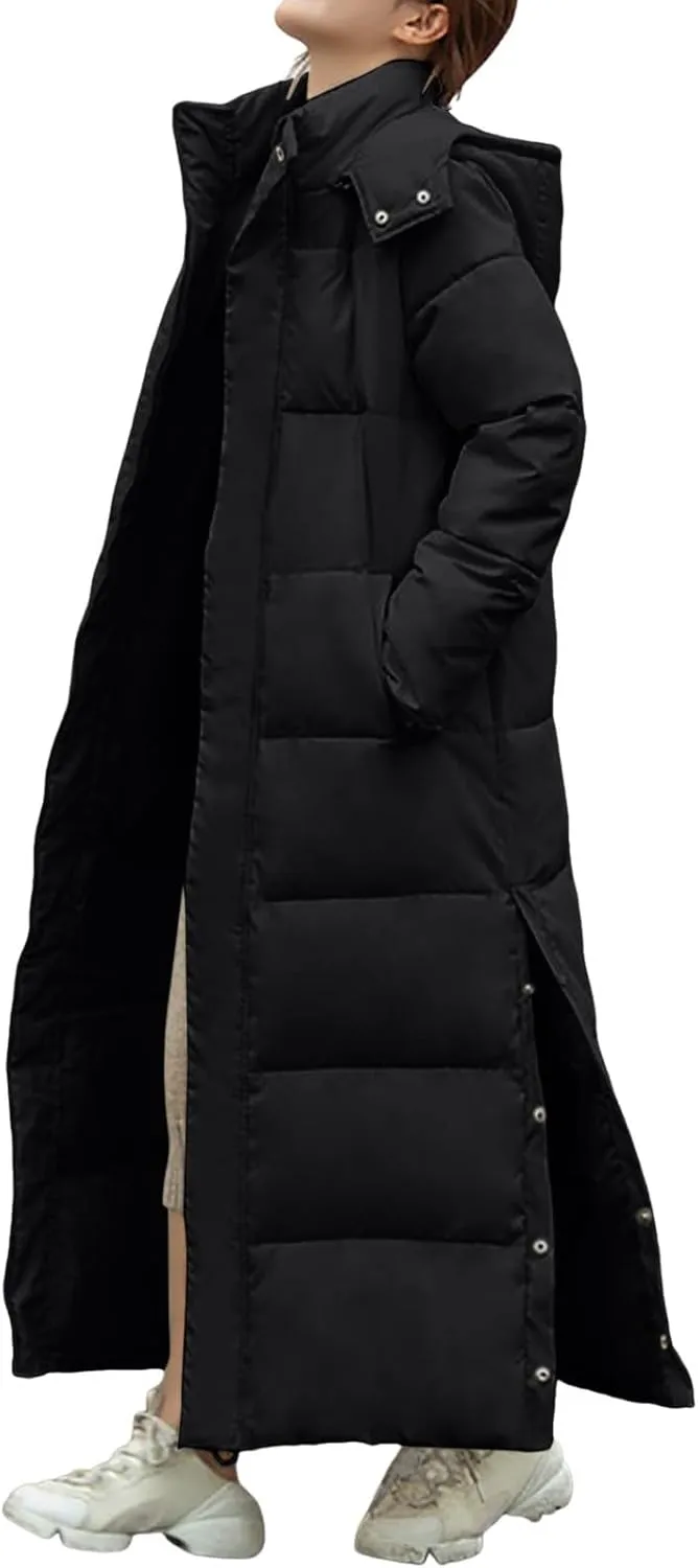 Long Puffer Jacket Womens Trendy Winter Coats Down Quilted Jacket Thicken Warm Coat Side Split Long Sleeve Jacket