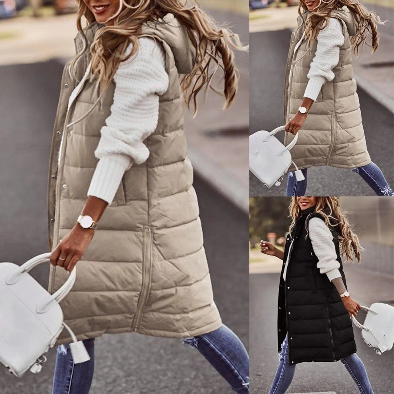 Long Puffer Vest Women with Hood Zipper Sleeveless Jacket Down Jacket Vest Winter Warm Thickened Coat Outerwear