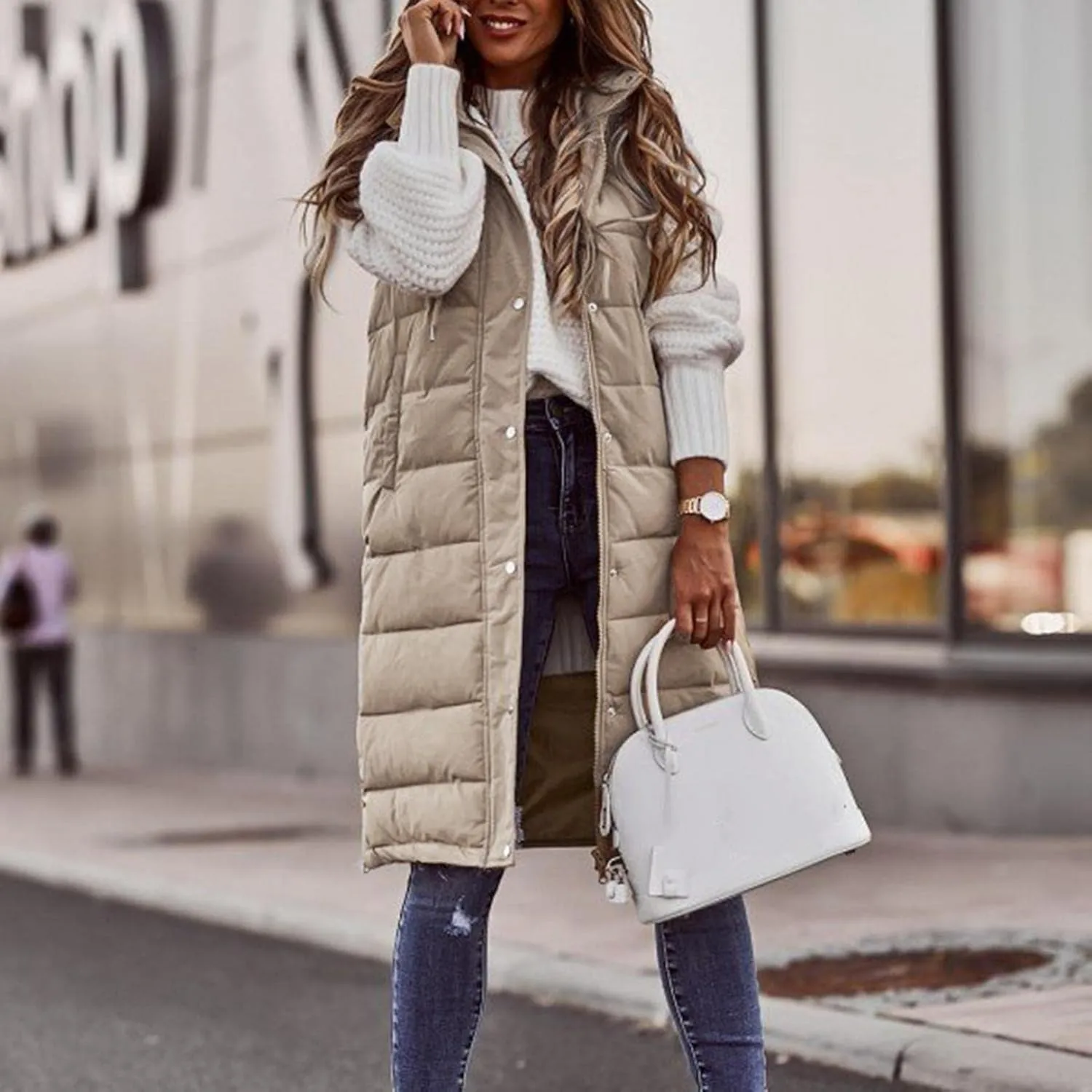 Long Puffer Vest Women with Hood Zipper Sleeveless Jacket Down Jacket Vest Winter Warm Thickened Coat Outerwear