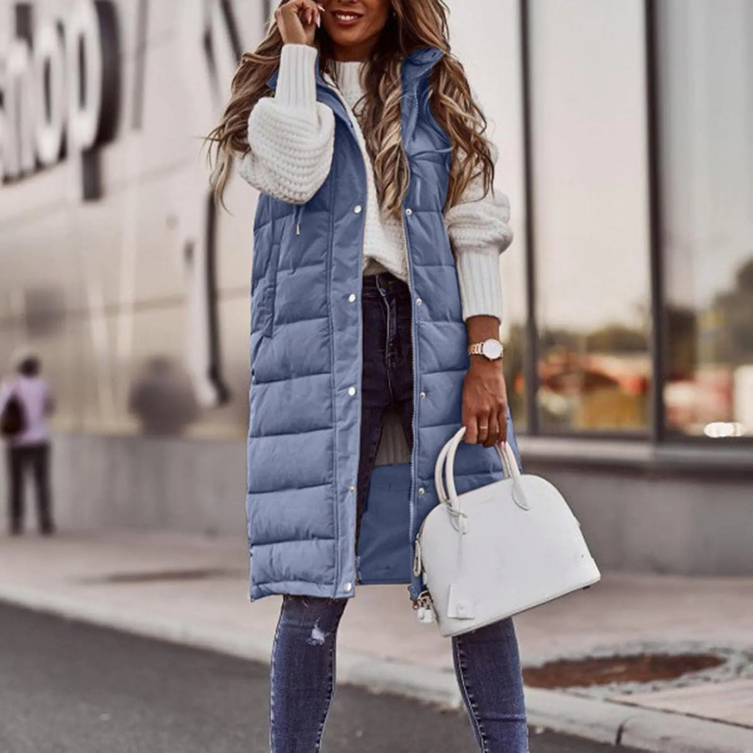 Long Puffer Vest Women with Hood Zipper Sleeveless Jacket Down Jacket Vest Winter Warm Thickened Coat Outerwear