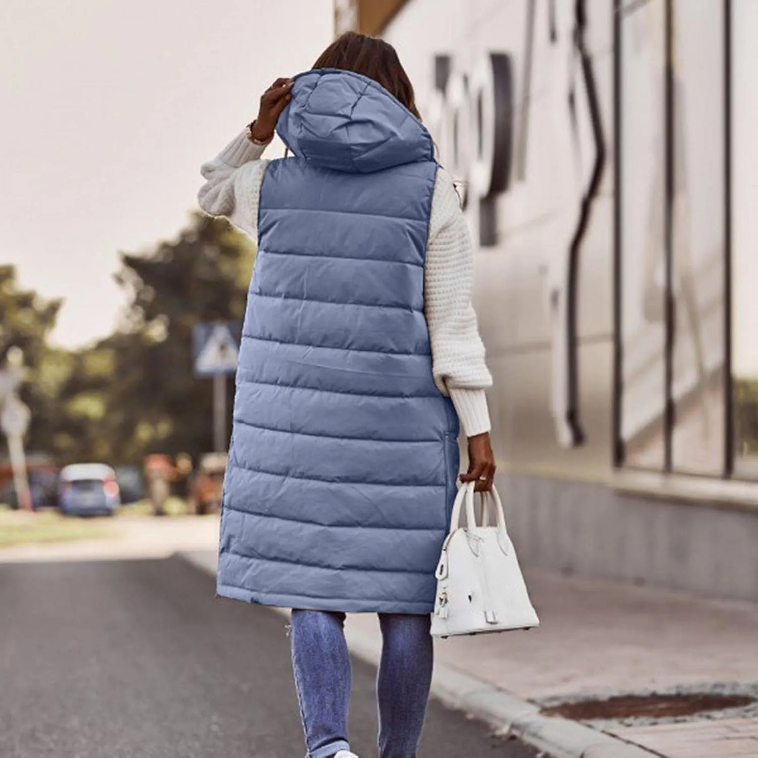 Long Puffer Vest Women with Hood Zipper Sleeveless Jacket Down Jacket Vest Winter Warm Thickened Coat Outerwear