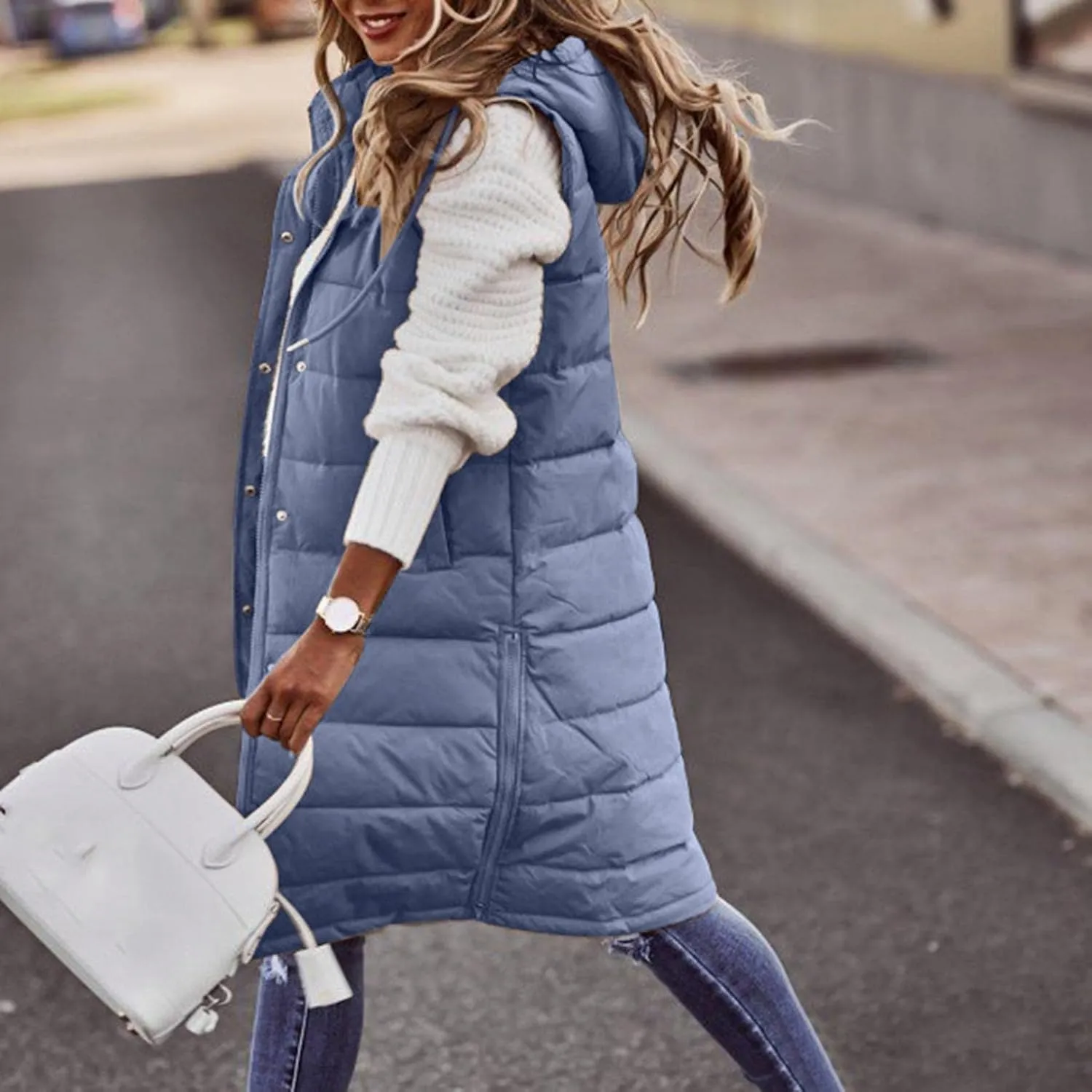 Long Puffer Vest Women with Hood Zipper Sleeveless Jacket Down Jacket Vest Winter Warm Thickened Coat Outerwear