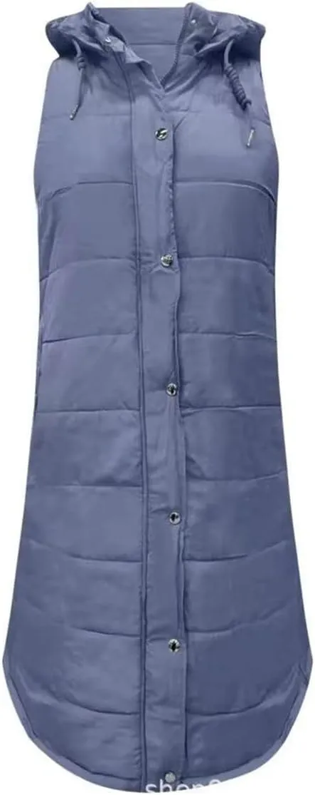 Long Puffer Vest Women with Hood Zipper Sleeveless Jacket Down Jacket Vest Winter Warm Thickened Coat Outerwear