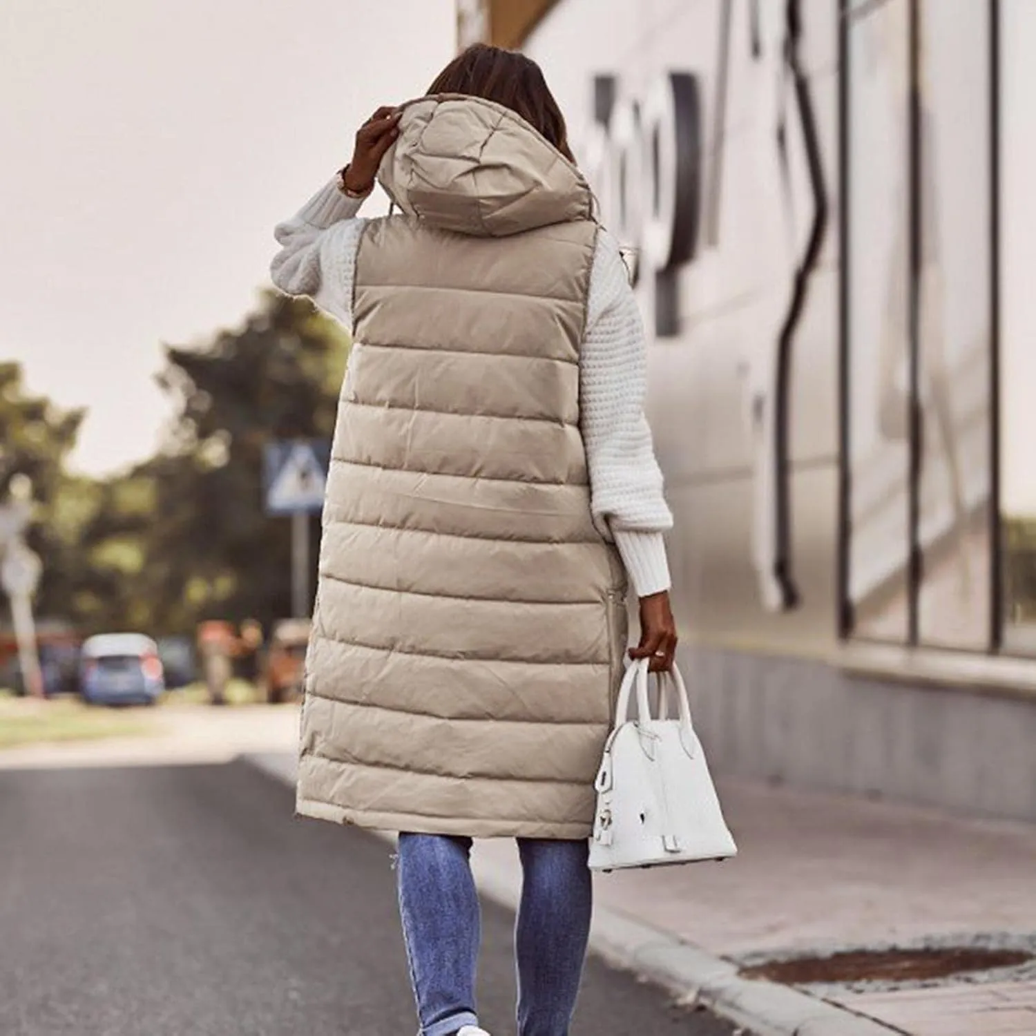 Long Puffer Vest Women with Hood Zipper Sleeveless Jacket Down Jacket Vest Winter Warm Thickened Coat Outerwear