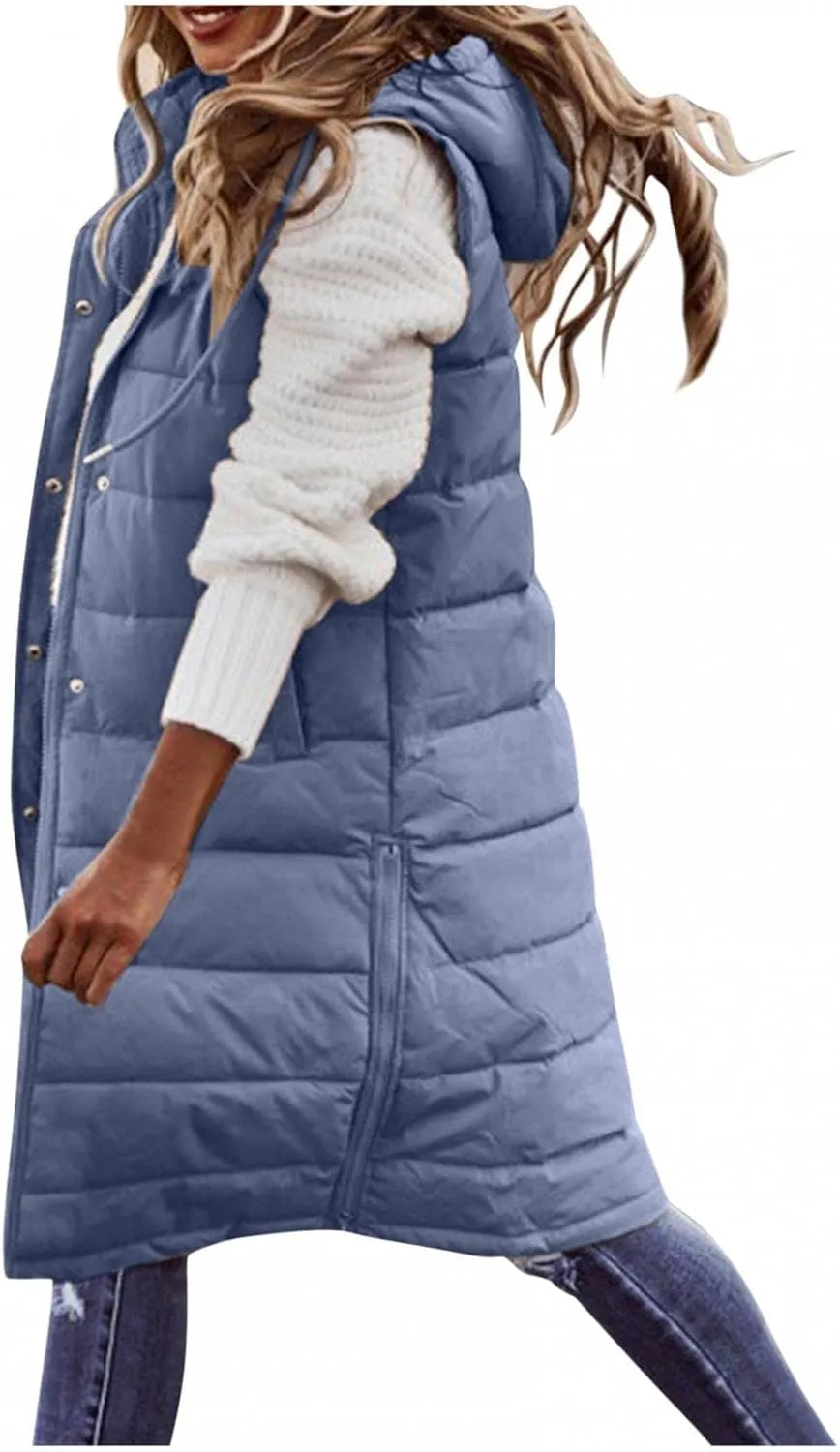 Long Puffer Vest Women with Hood Zipper Sleeveless Jacket Down Jacket Vest Winter Warm Thickened Coat Outerwear