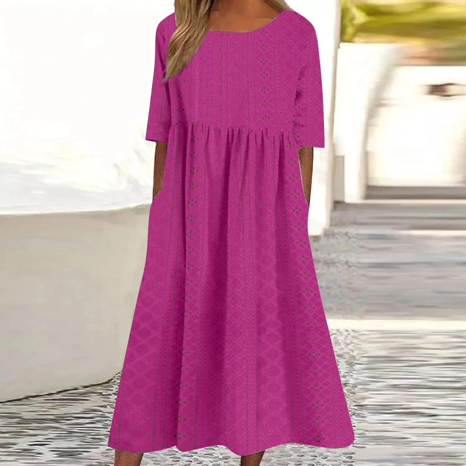Long Summer Dresses for Women 2024 Jacquard Short Sleeve Rundneck Waist Solid Pleated Dress House Dresses for Women