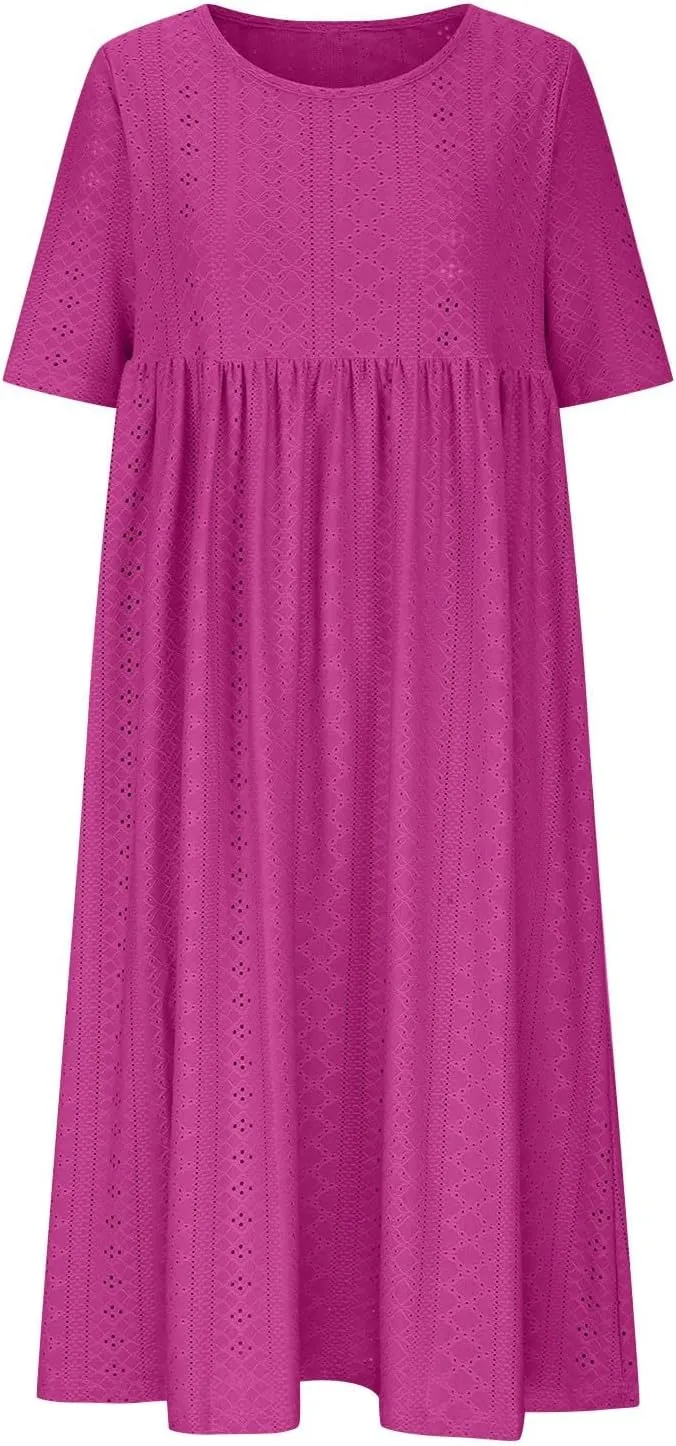Long Summer Dresses for Women 2024 Jacquard Short Sleeve Rundneck Waist Solid Pleated Dress House Dresses for Women